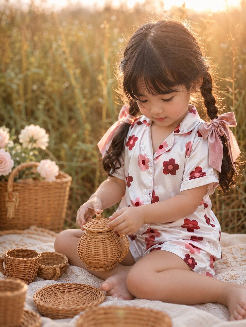 Covered In Flowers Boho Blooming Floral Silky Pajama Lounge Set 4T